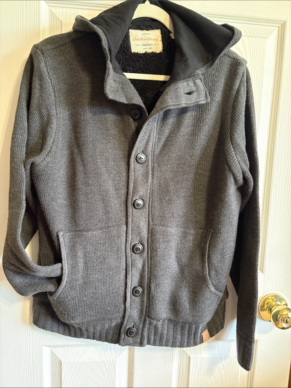 Weatherproof Men's Charcoal Gray Button-Up Knit Cardigan With Hood Collegiate